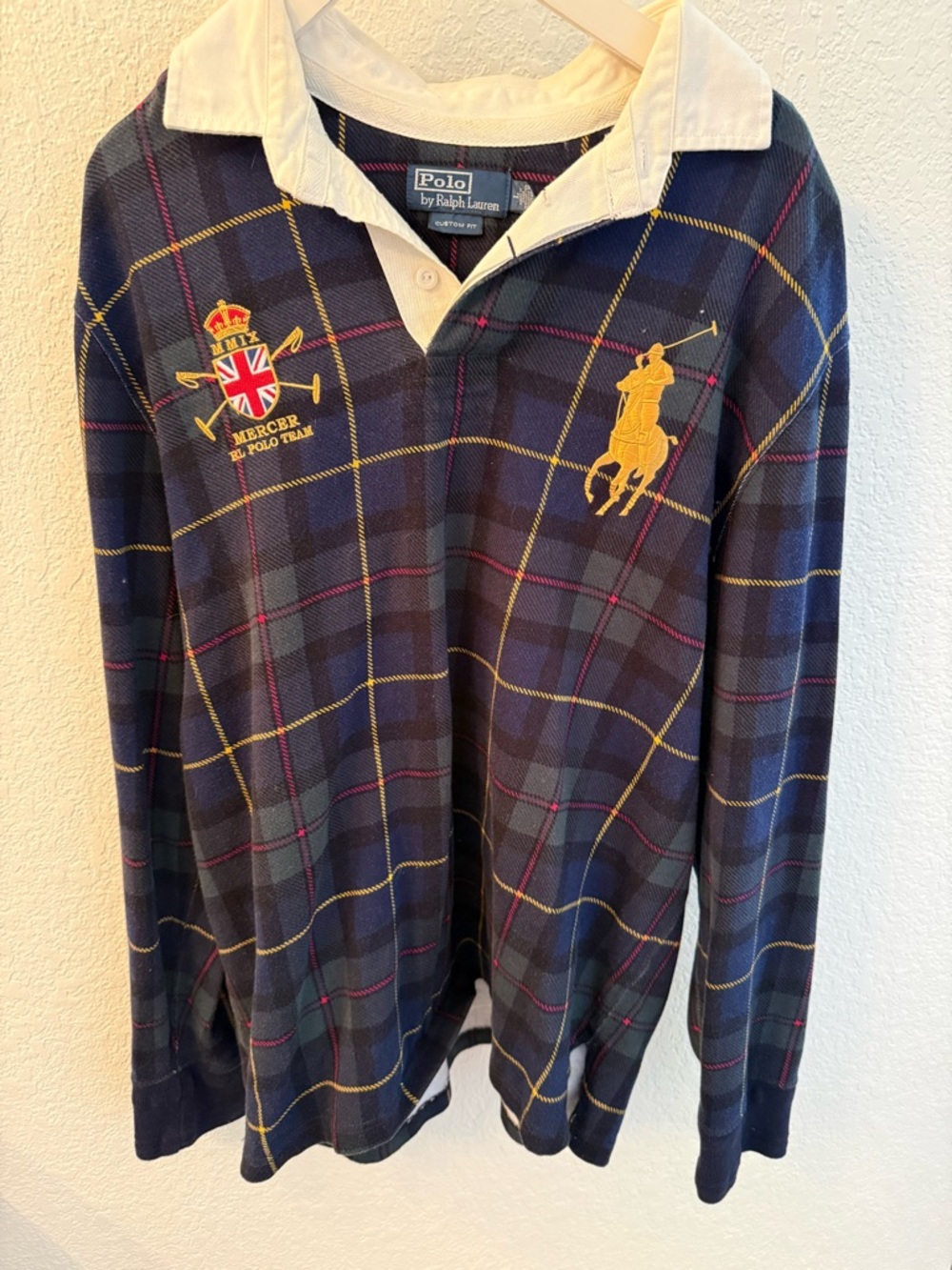 Ralph Lauren Navy Plaid Rugby Shirt with Yellow Embroidery